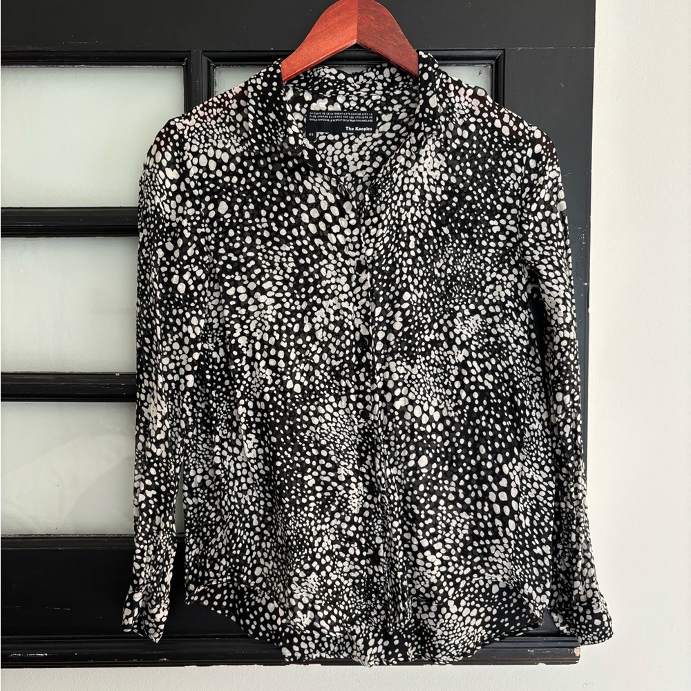 The Kooples Silk Blouse Button Front Black and White Printed Size XS